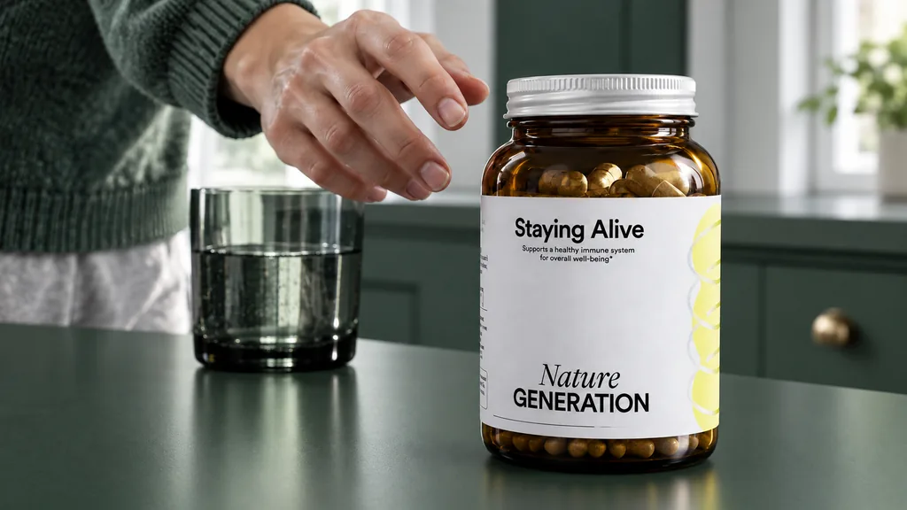 Hand reaching for an amber Staying Alive supplement bottle on a green kitchen counter