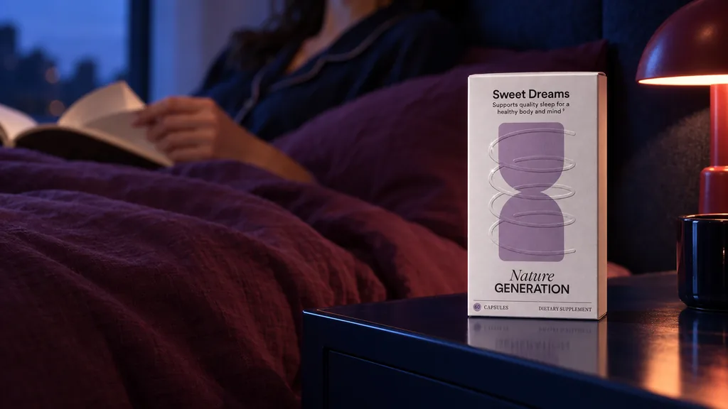 Sweet Dreams supplement carton on a nightstand while a woman reads in bed