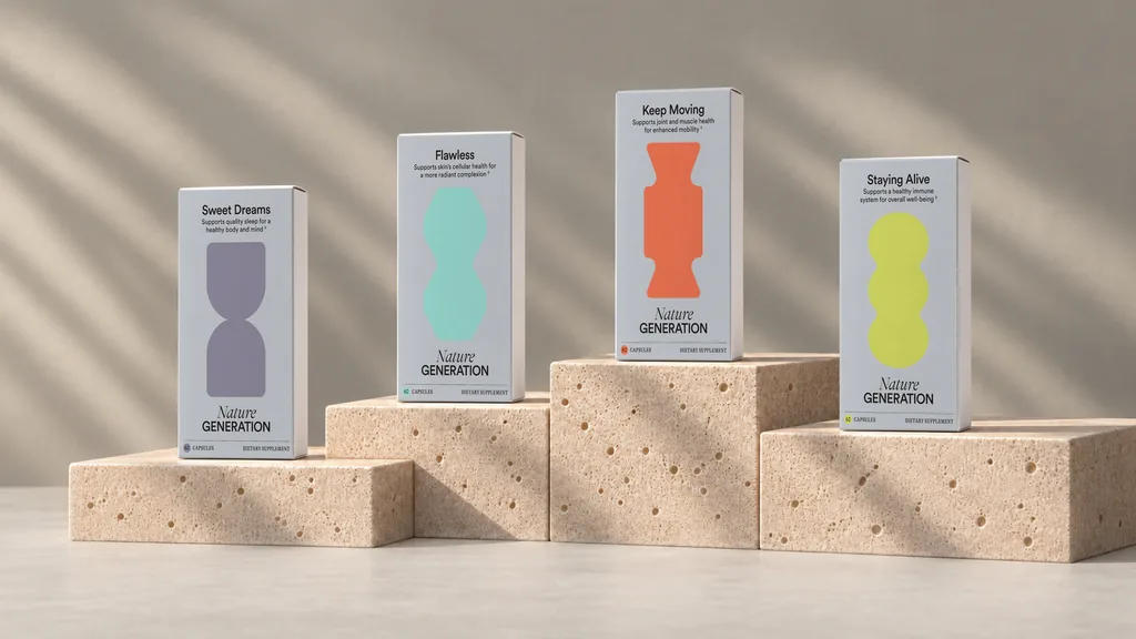 Render of the four-carton Nature Generation supplement line on sunlit stone steps