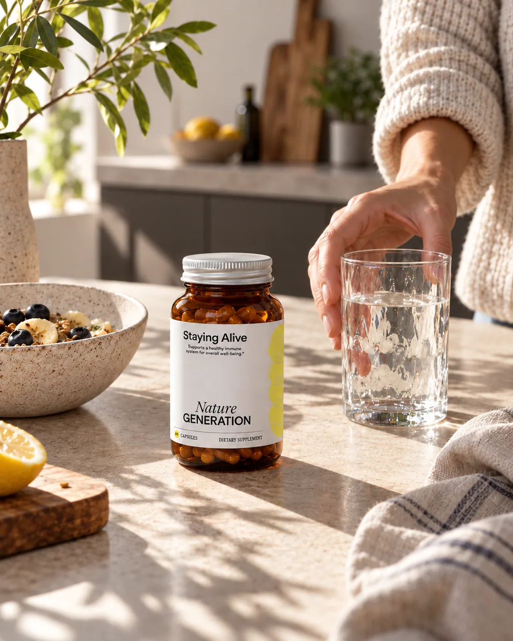 Staying Alive supplement bottle next to a glass of water and a breakfast bowl