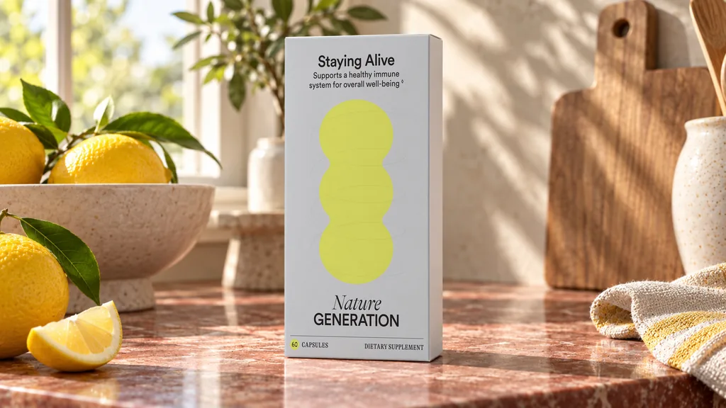 Nature Generation Staying Alive carton on a sunlit kitchen counter with lemons