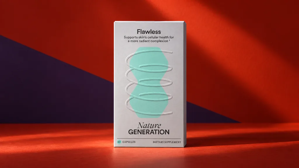 Nature Generation Flawless carton with embossed artwork in a red and purple studio set