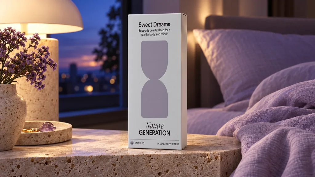 Sweet Dreams on the nightstand at dusk with lavender