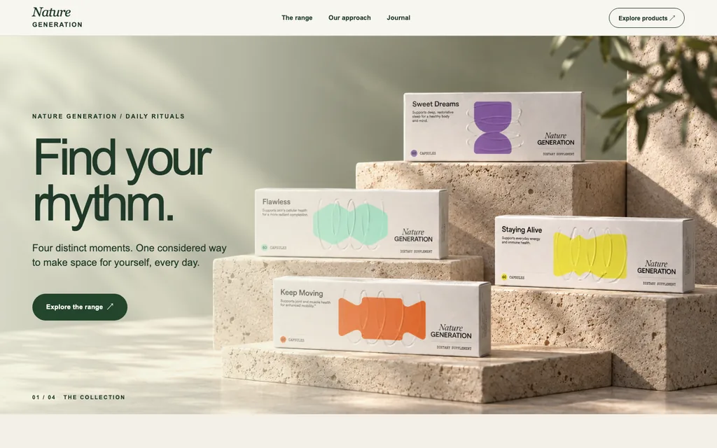 Nature Generation website concept with the four-box supplement line rendered on stone steps