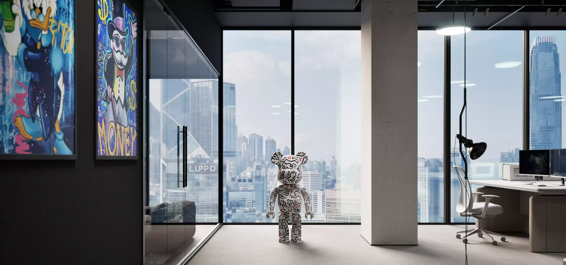 Render of a dark branded office with a designer art figure, desks and a city skyline