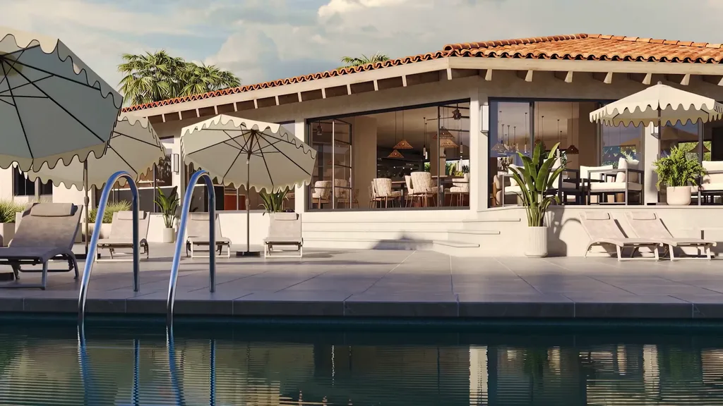 Piscina comunitaria con tumbonas, sombrillas y un pabellón acristalado con salón y bar