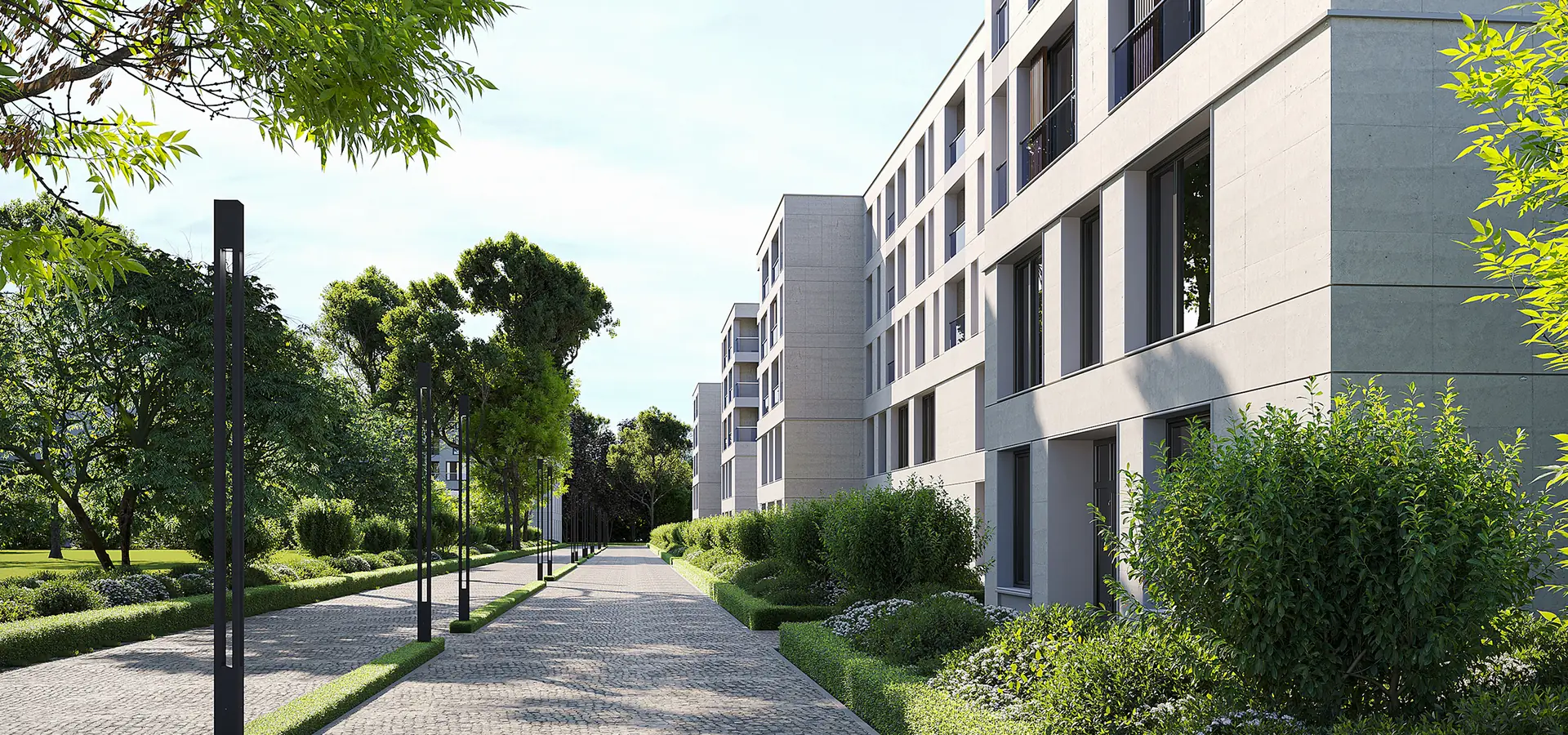 Render CGI de un nuevo complejo residencial: edificios de viviendas en tonos claros a lo largo de un paseo ajardinado con árboles jóvenes