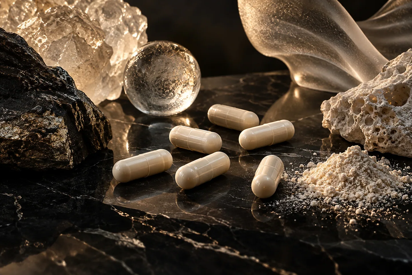 3D render of supplement capsules and powder on a dark stone surface with mineral crystals
