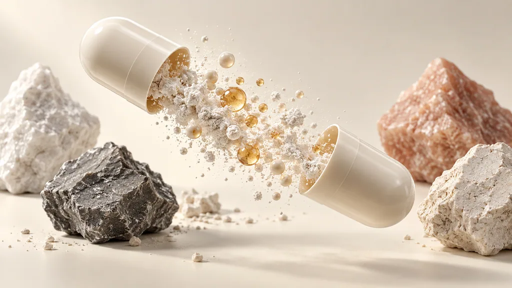 Exploded capsule render with magnesium powder and raw mineral ingredients