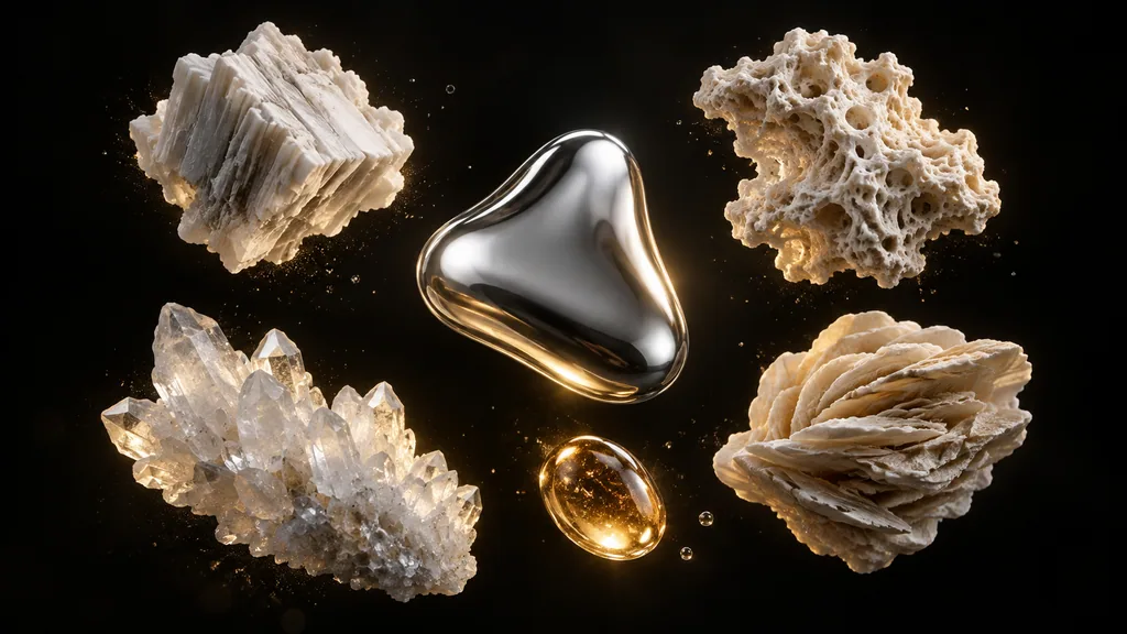 Raw mineral ingredients and a liquid metal drop rendered on black for a magnesium formula