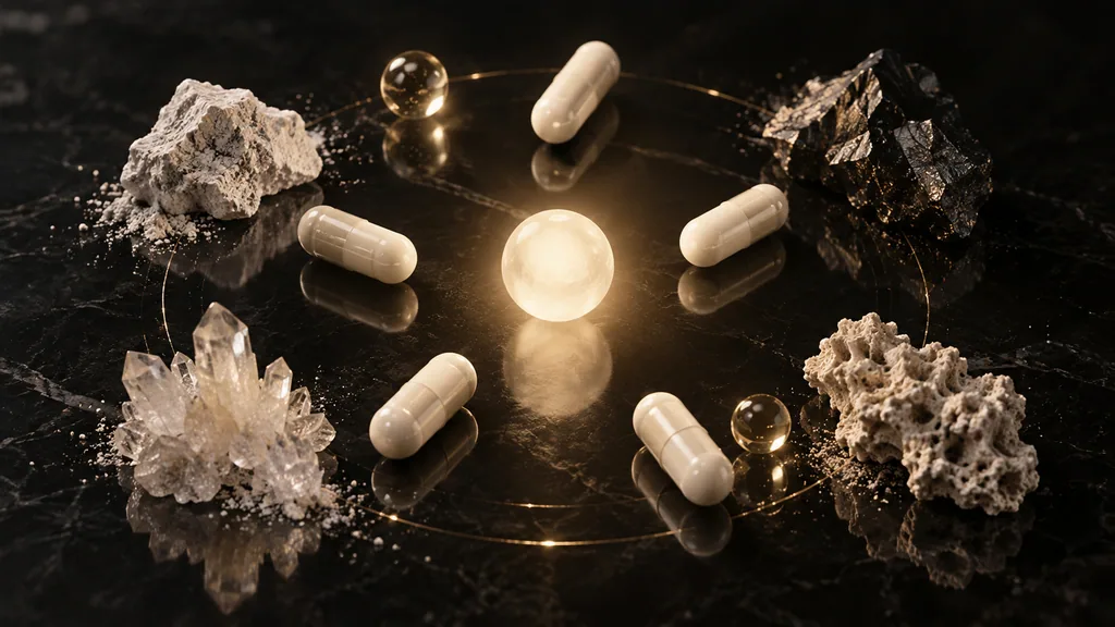 Magnesium capsules orbiting a glowing sphere among raw minerals