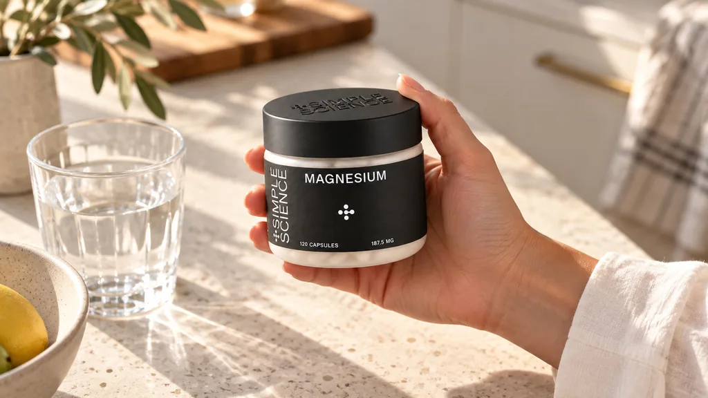 Hand holding a Simple Science magnesium jar at a sunlit breakfast table