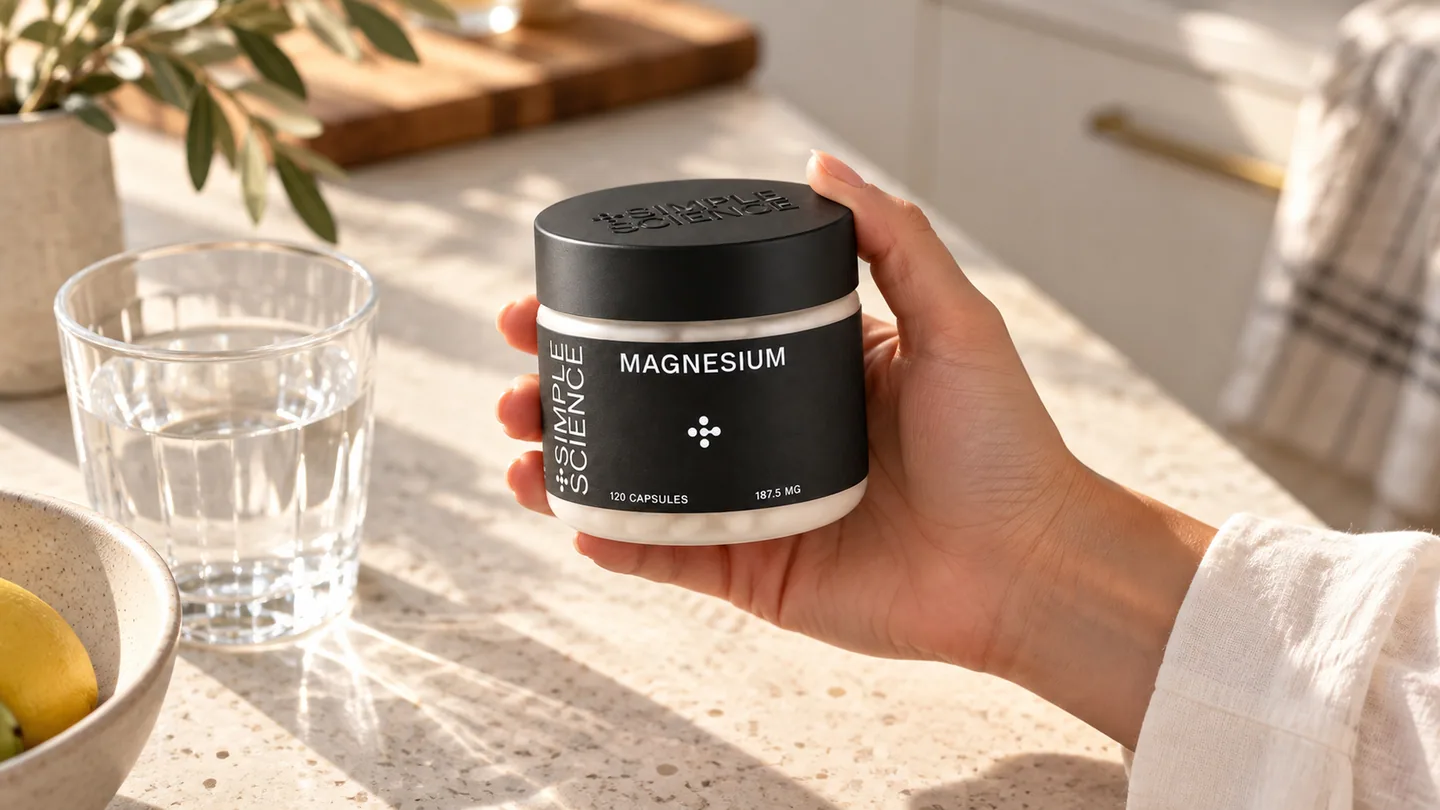 Render of a hand holding a Simple Science magnesium jar over a sunlit kitchen counter with a glass of water