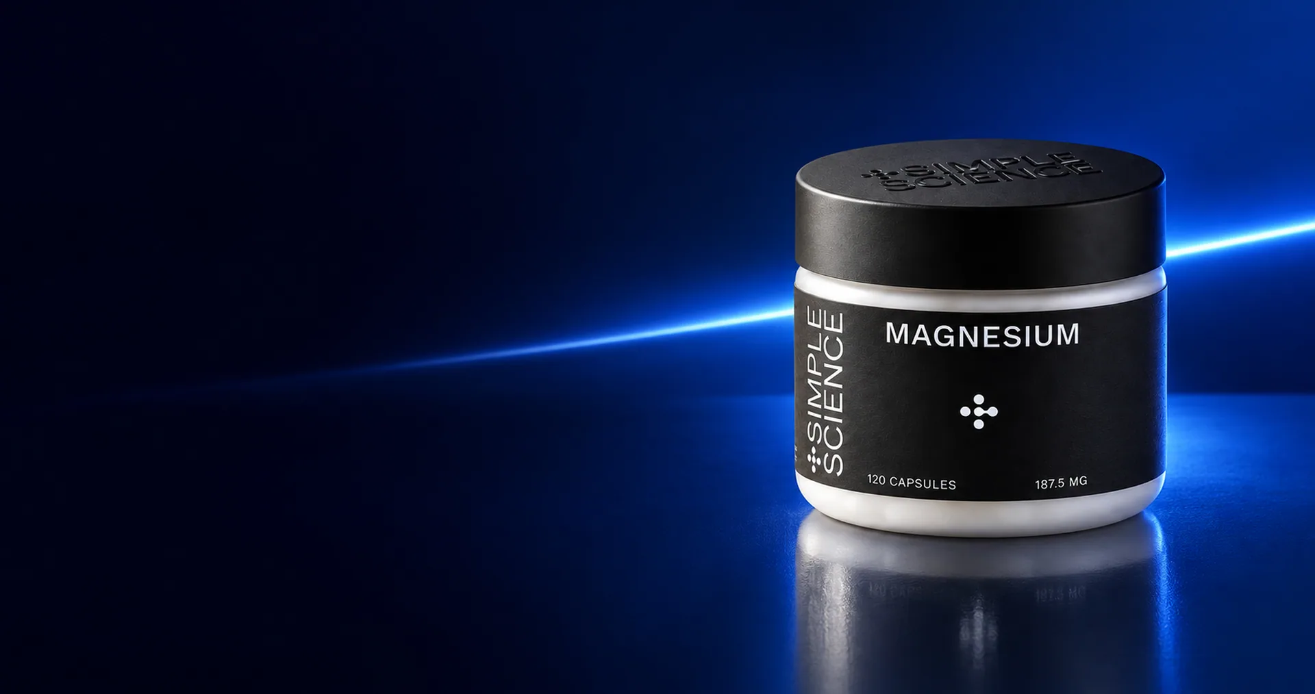 CGI render of a Simple Science magnesium jar on a dark studio set lit by a cobalt blue light beam