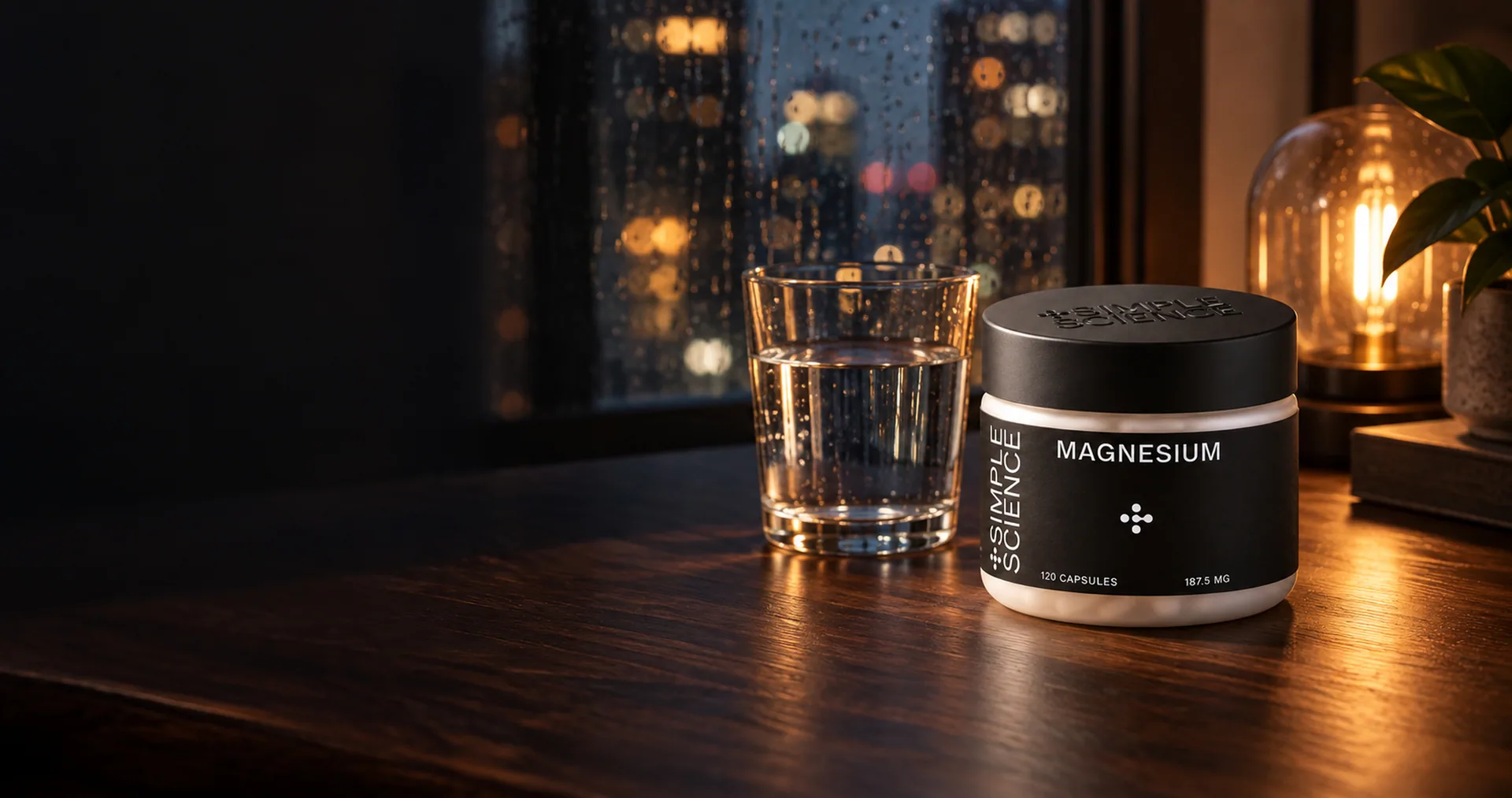 CGI render of a Simple Science magnesium jar on a table by a rainy city window at night