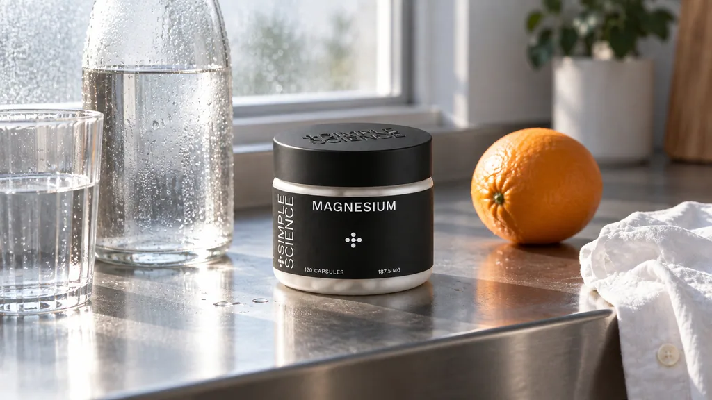 On a steel counter with water and an orange