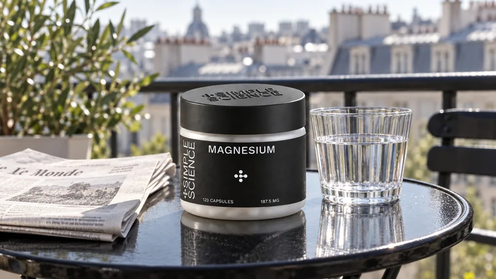 Simple Science magnesium jar on a Paris balcony table with a newspaper