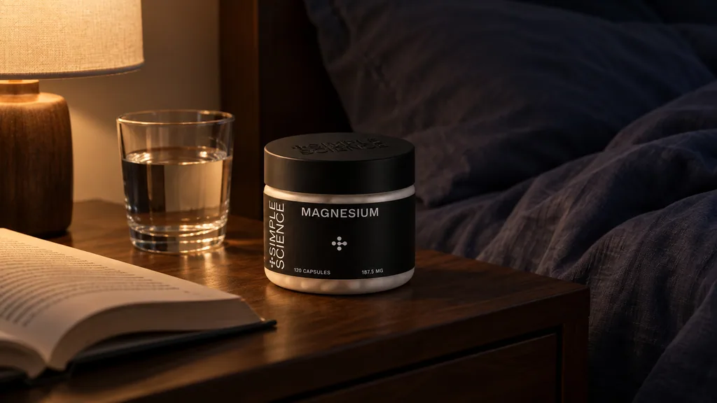 Simple Science magnesium jar on a bedside table next to an open book