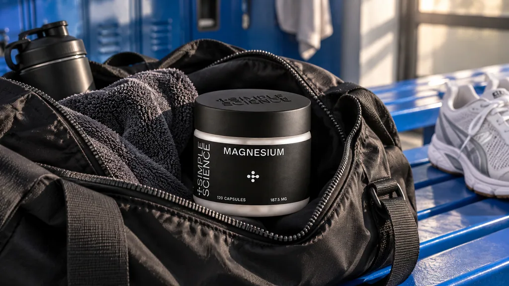 Simple Science magnesium jar in an open gym bag next to trainers