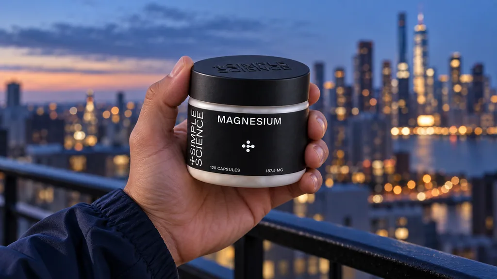 Hand holding a Simple Science magnesium jar over a city skyline at dusk