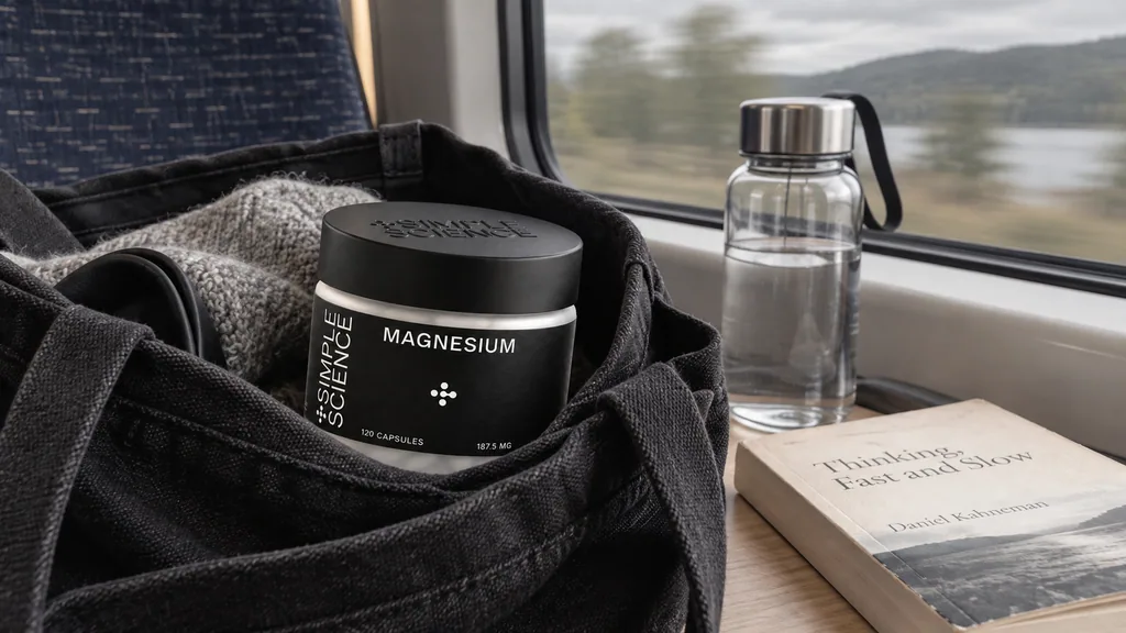 On a train window table, next to an open bag