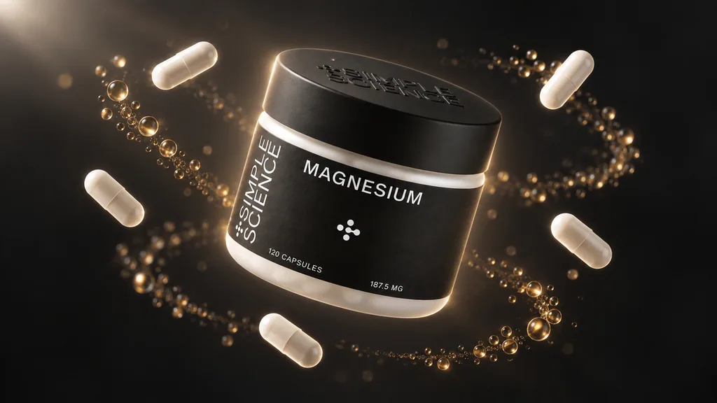 Simple Science magnesium jar with capsules floating around it in golden light