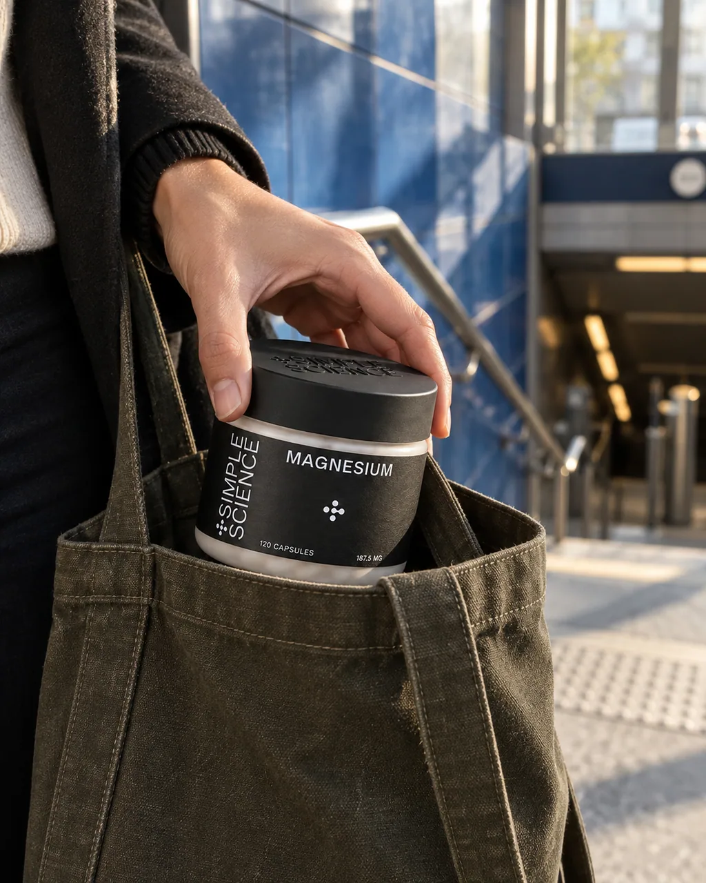 Hand pulling a Simple Science magnesium jar out of a tote bag on a metro platform