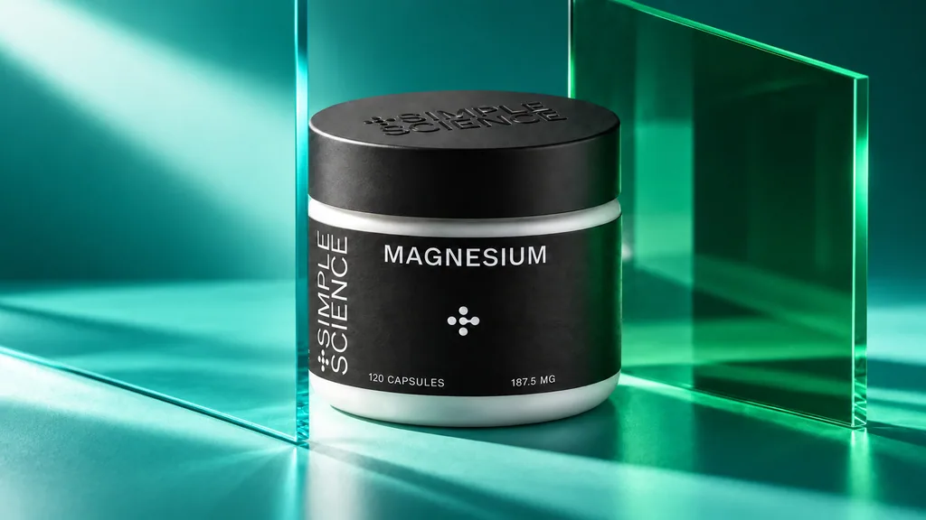 Simple Science magnesium jar behind teal acrylic panels