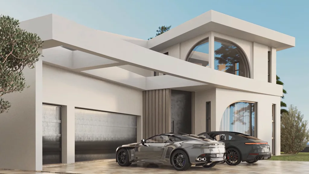 Animation still of a modern villa exterior with two cars