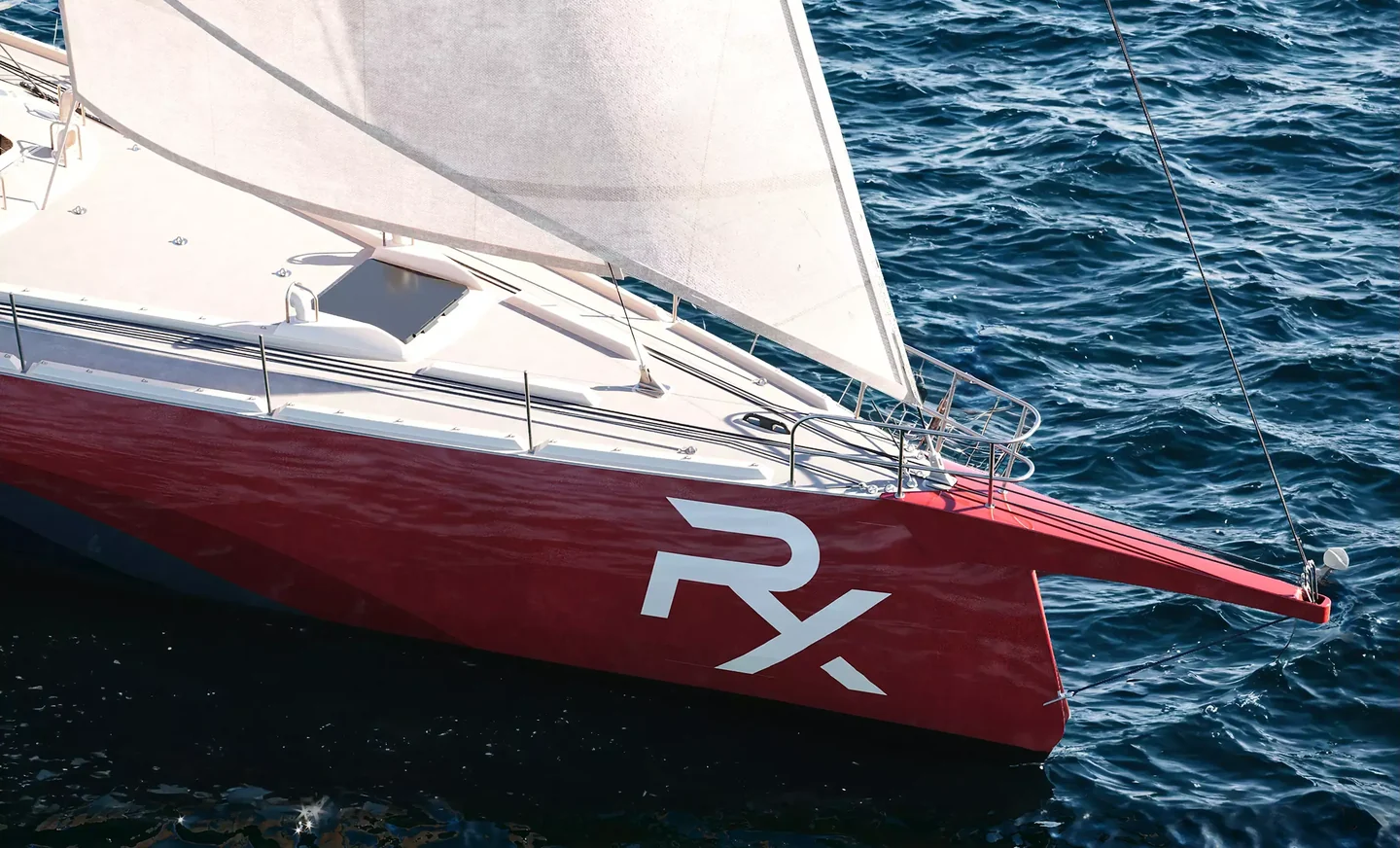 CGI still of a red racing sailboat bow cutting through the sea, from a 3D yacht animation