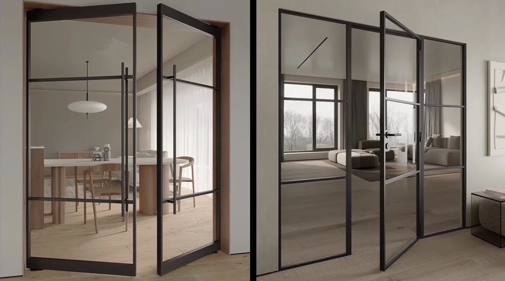 Film still of a glass door opening onto a bedroom