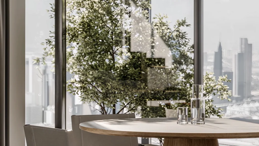 Office animation still of a meeting table with a city view