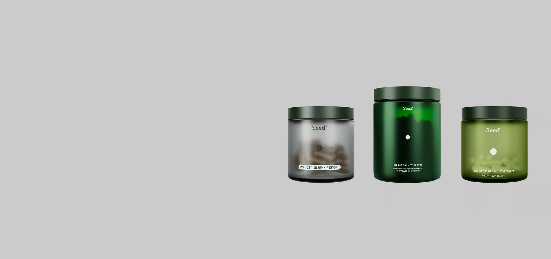 3D packaging render of three supplement jars in frosted, dark green and lime glass on a grey studio background