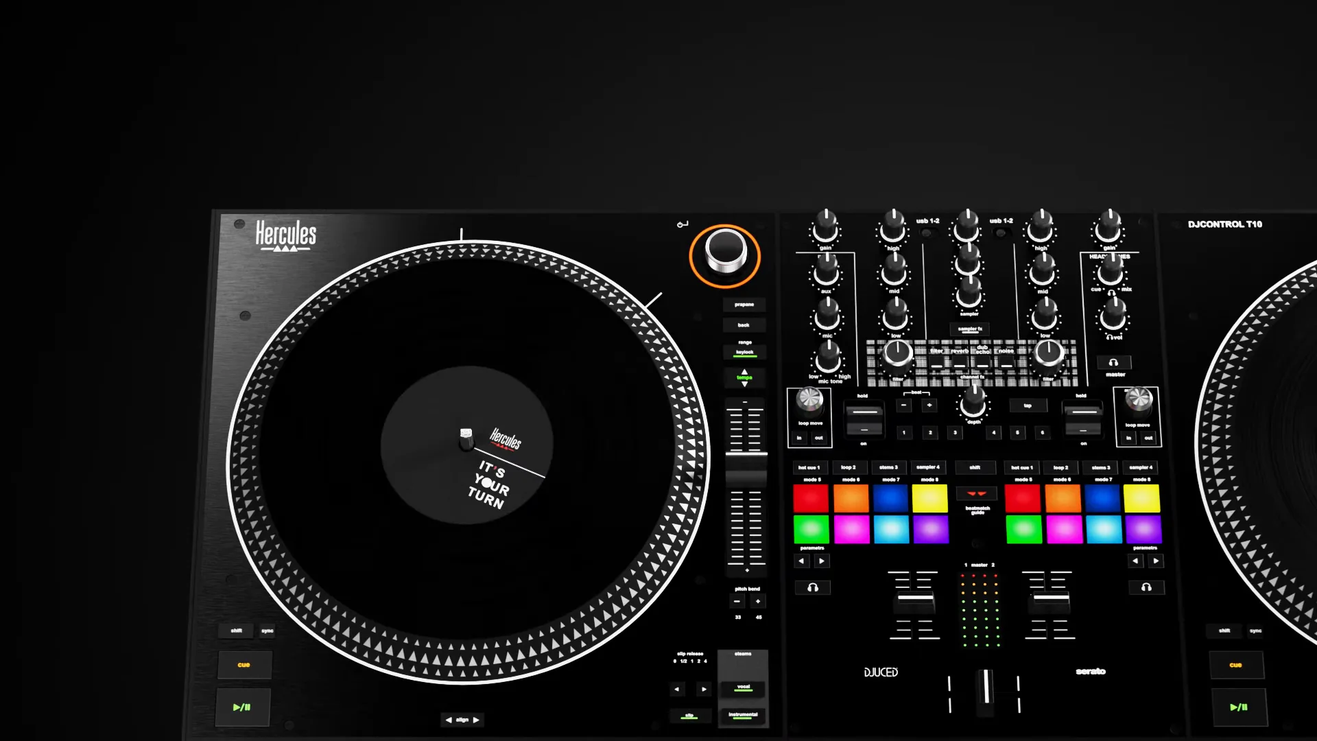 Filmstill van het DJ-controllerdeck met verlichte pads
