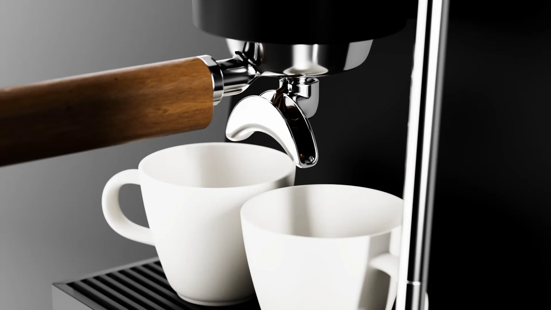 Filmstill van de espressomachine die in twee witte kopjes schenkt