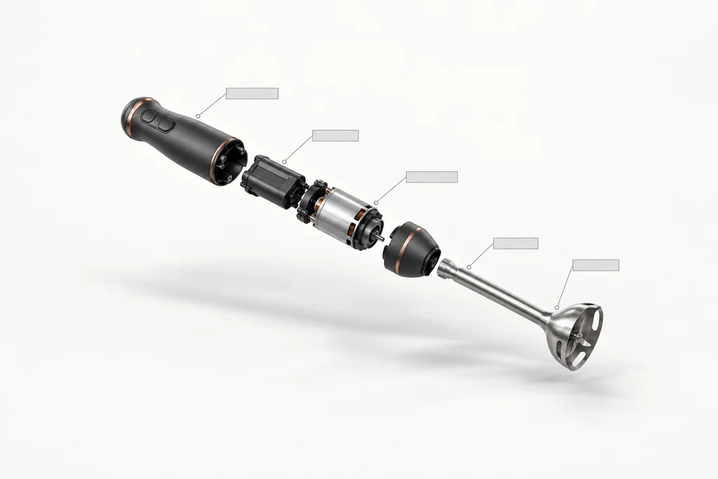 Exploded view van een draadloze staafmixer met de accu, de motor en de mixvoet uit elkaar