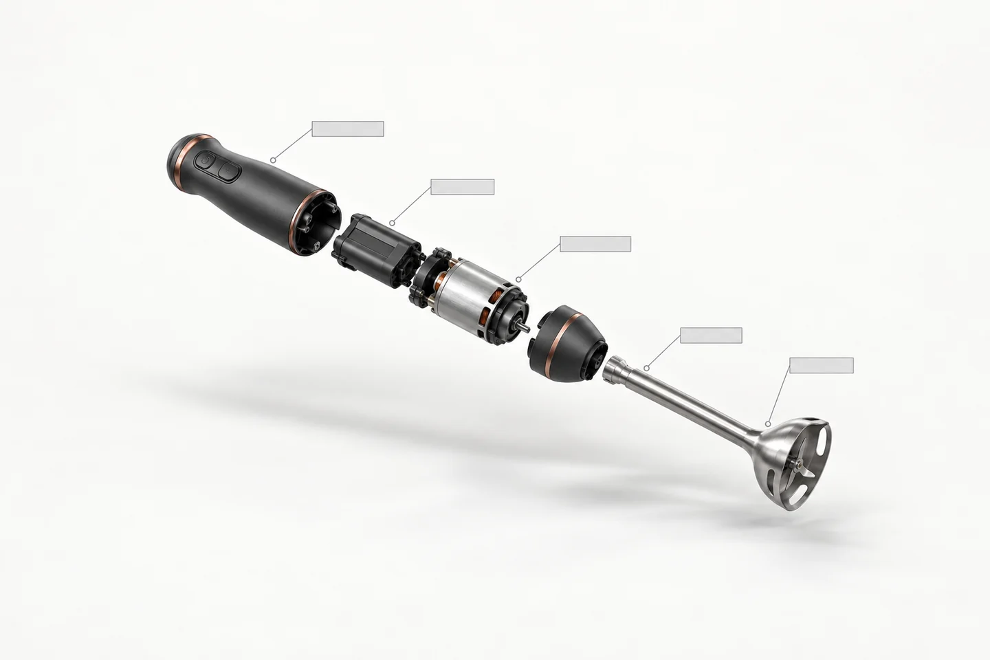 Exploded view of a cordless hand blender with the battery, motor and blending shaft pulled apart