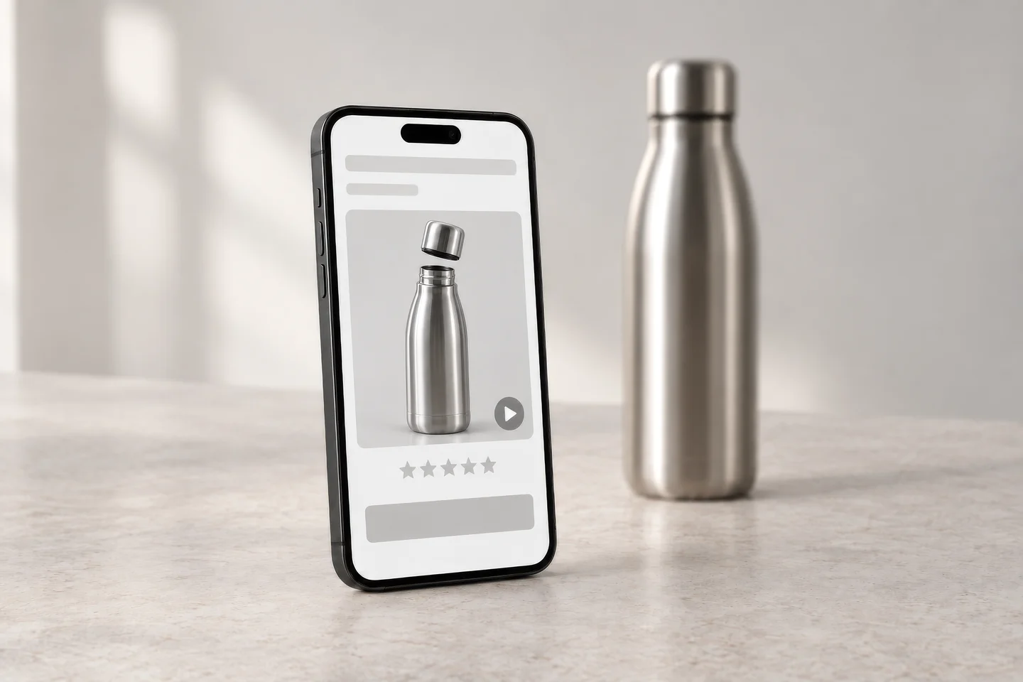 Smartphone playing a product video of a steel bottle in a marketplace listing, with the bottle on the table behind