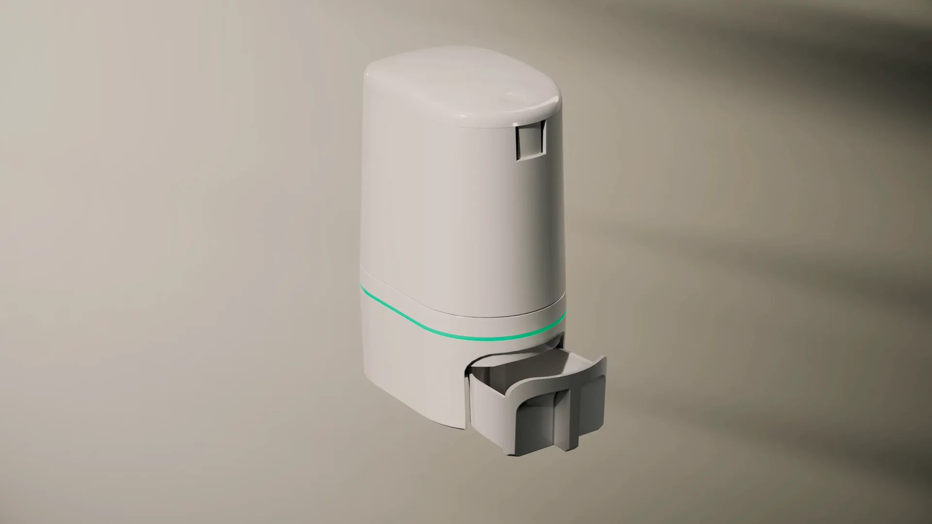 Filmstill van een witte cartridge van een pillendispenser op een beige achtergrond