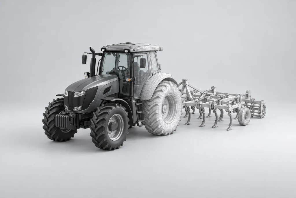 Traktor mit gezogenem Grubber, halb fertiges Rendering, halb Clay-Modell mit sichtbarem Polygonnetz