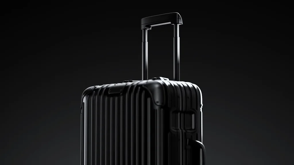 Film still of an upright black suitcase