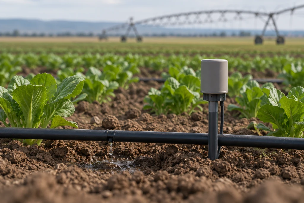 Drip irrigation line and soil moisture sensor in a vegetable field with a pivot in the background
