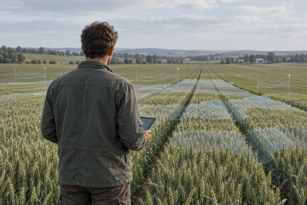 Farmer with a tablet in a field, with data layers floating over the crop rows