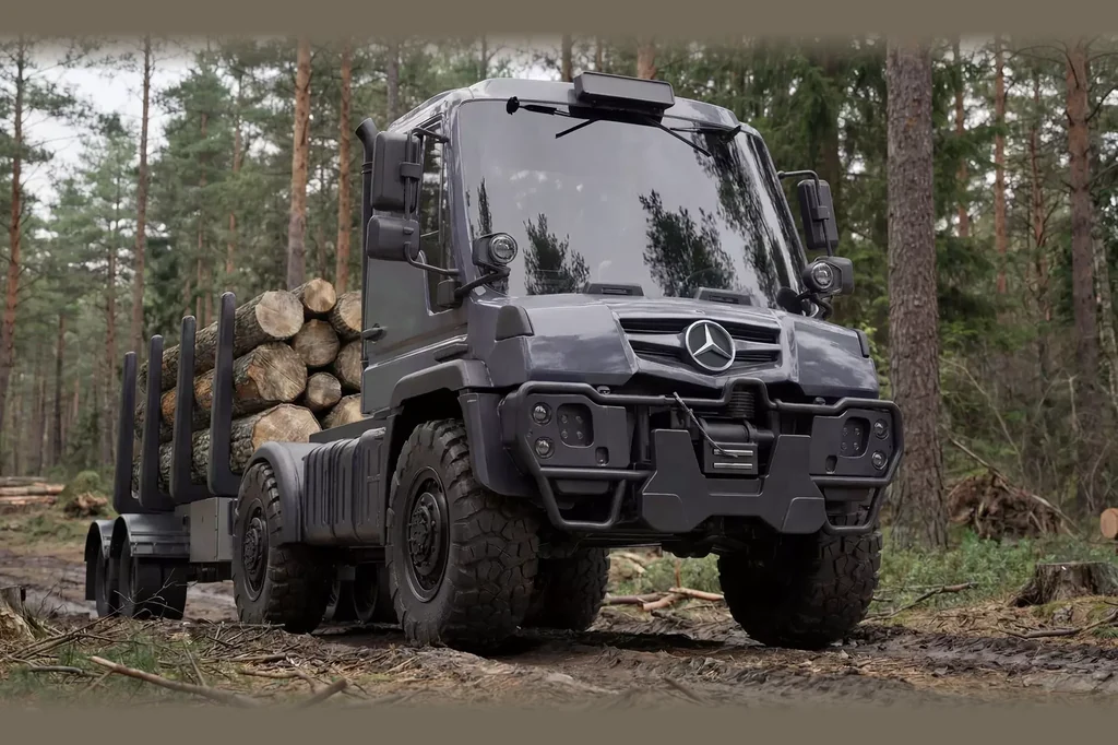 Logs secured on a forestry truck trailer, a close-up 3D render from our forestry equipment case