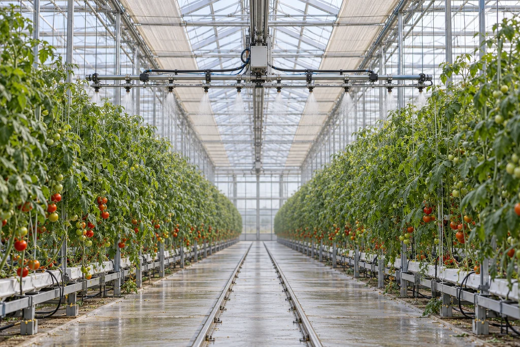 Large glass greenhouse with rows of tomatoes and an automated climate system