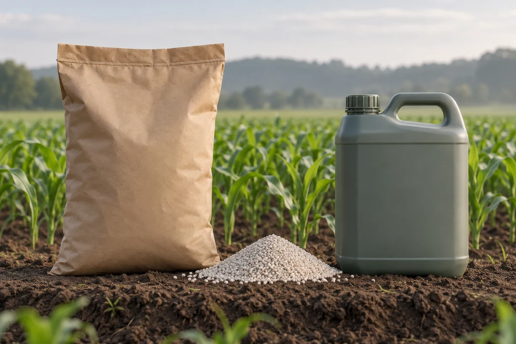 Seed bag, fertilizer granules and a crop protection canister on a field edge with young maize rows