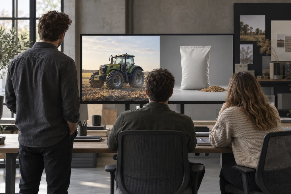 Marketing team reviewing CGI frames of a tractor and a seed product on a large monitor