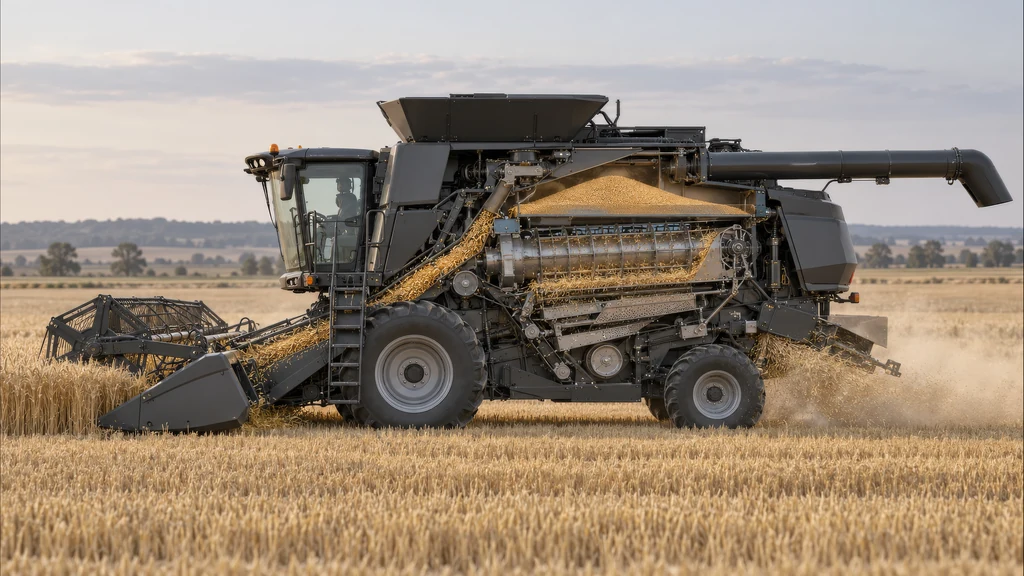 CGI film still of a combine harvester in a wheat field with the side panels cut away to show the grain flowing to the threshing drum and the tank