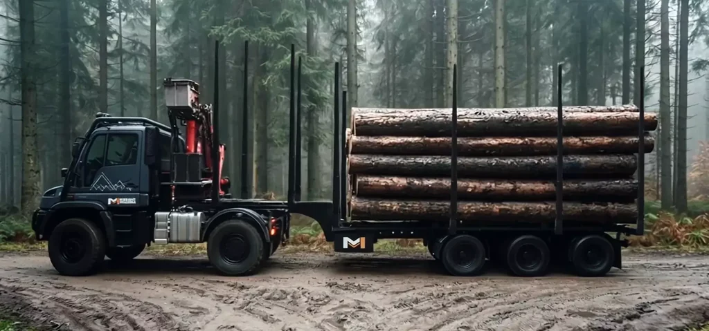 Timber truck loaded with logs driving through a pine forest, a photoreal 3D render from the forestry equipment case