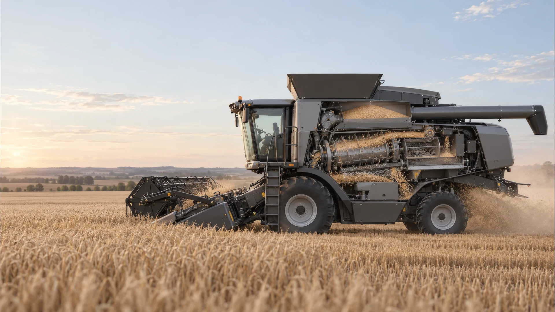 CGI film still of a combine harvester in a wheat field at sunset, with the side panel cut away to show the crop flowing through the threshing drum